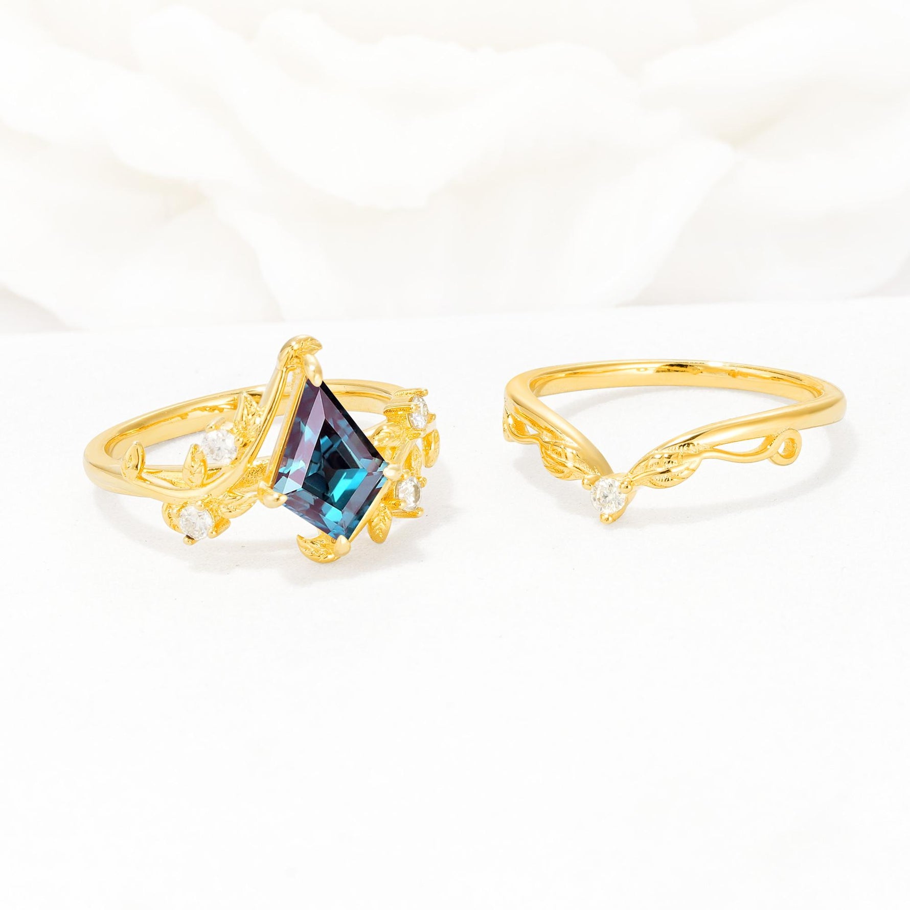Botanical Kite Cut Alexandrite Engagement Ring Set with Vine Accents - Additional view