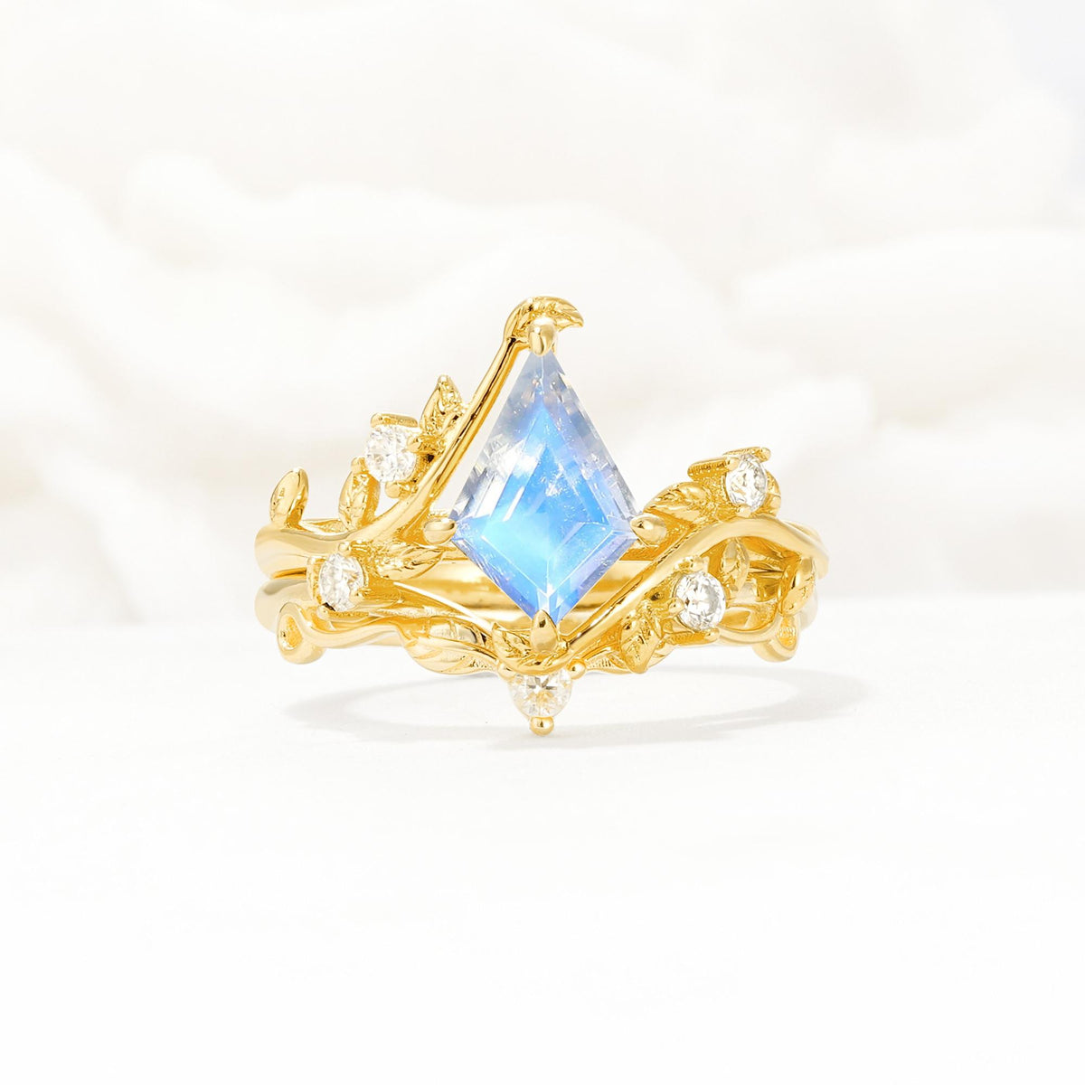 Botanical Kite Cut Moonstone Engagement Ring Set with Vine Accents - Yellow-Gold