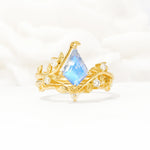 Botanical Kite Cut Moonstone Engagement Ring Set with Vine Accents - Yellow-Gold