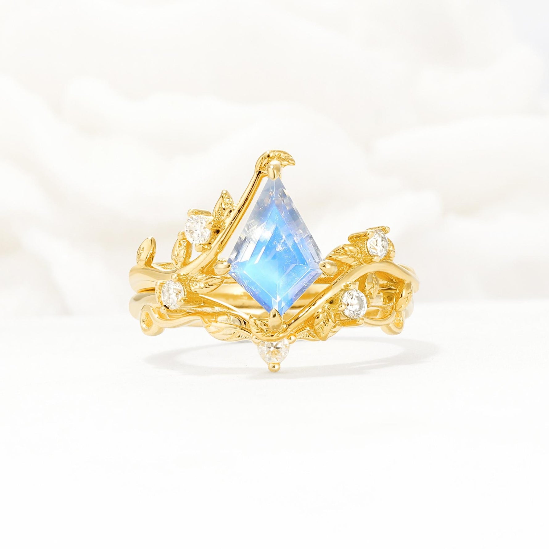 Botanical Kite Cut Moonstone Engagement Ring Set with Vine Accents - Yellow-Gold
