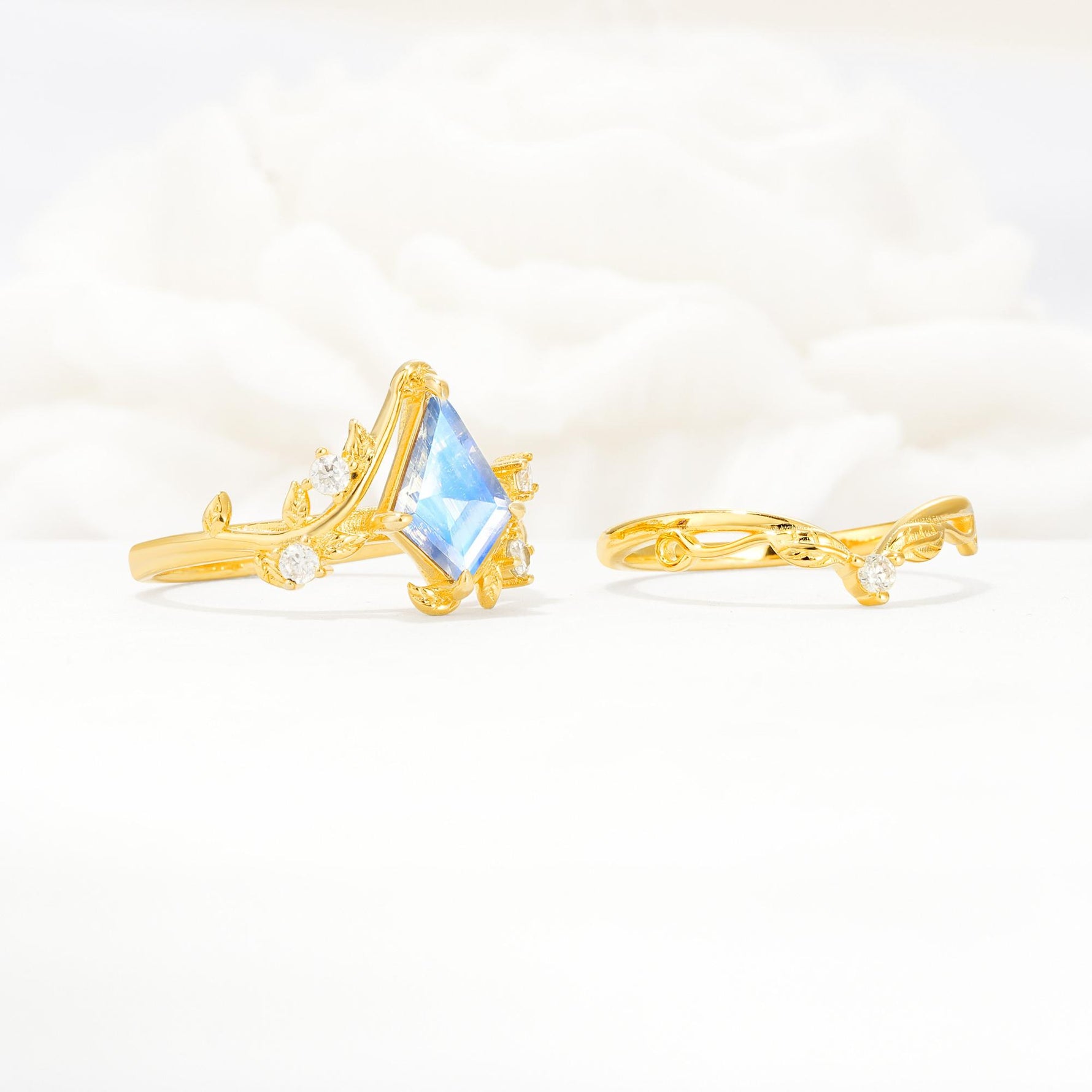 Botanical Kite Cut Moonstone Engagement Ring Set with Vine Accents - White-Gold