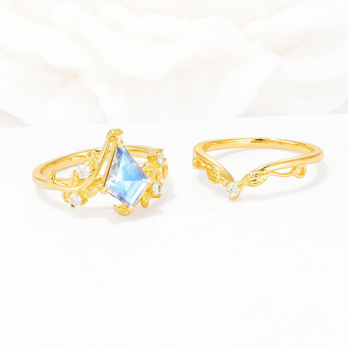Botanical Kite Cut Moonstone Engagement Ring Set with Vine Accents - Additional view