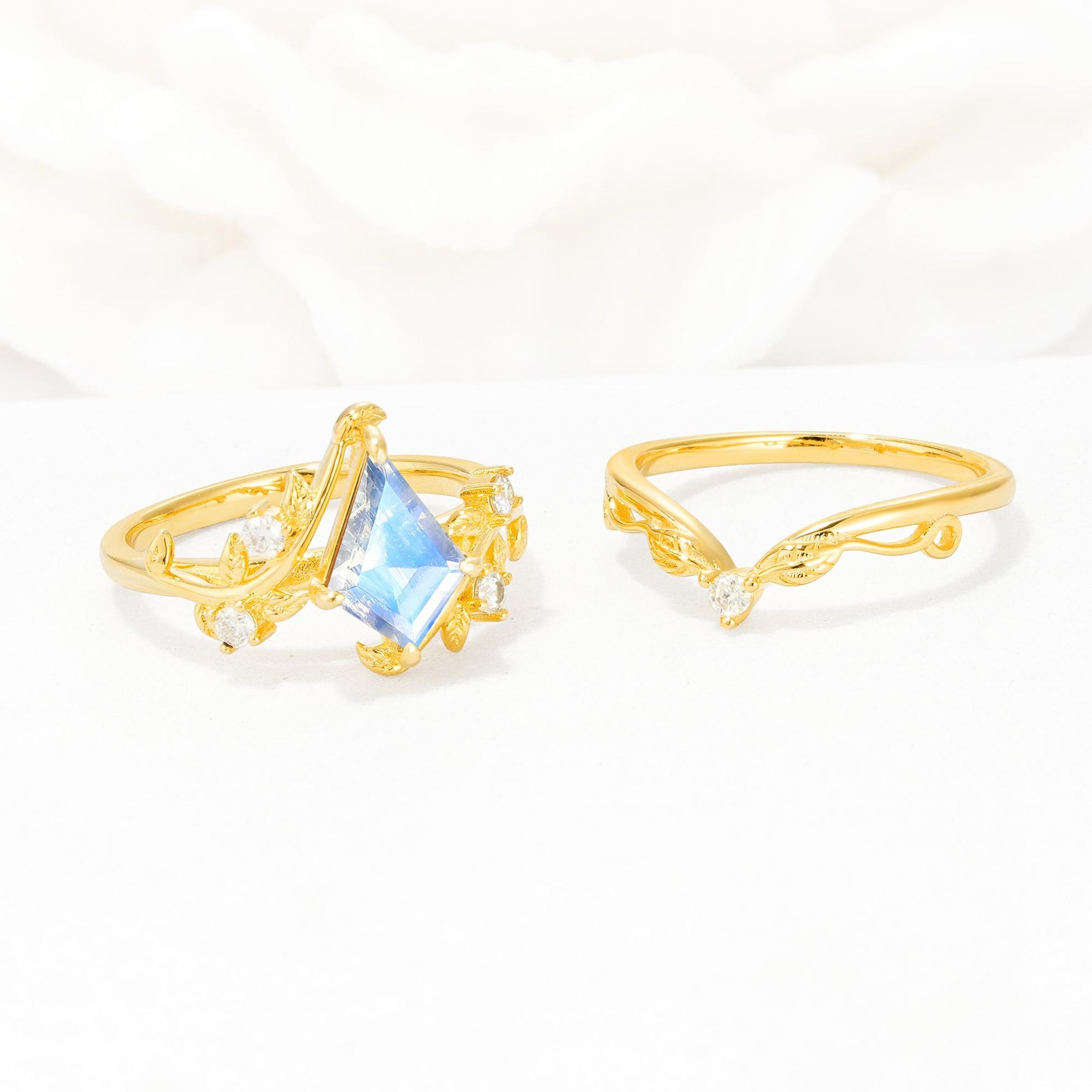 Botanical Kite Cut Moonstone Engagement Ring Set with Vine Accents - Additional view