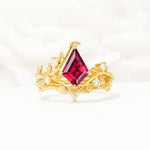 Botanical Kite Cut Ruby Engagement Ring Set with Vine Accents - Yellow-Gold