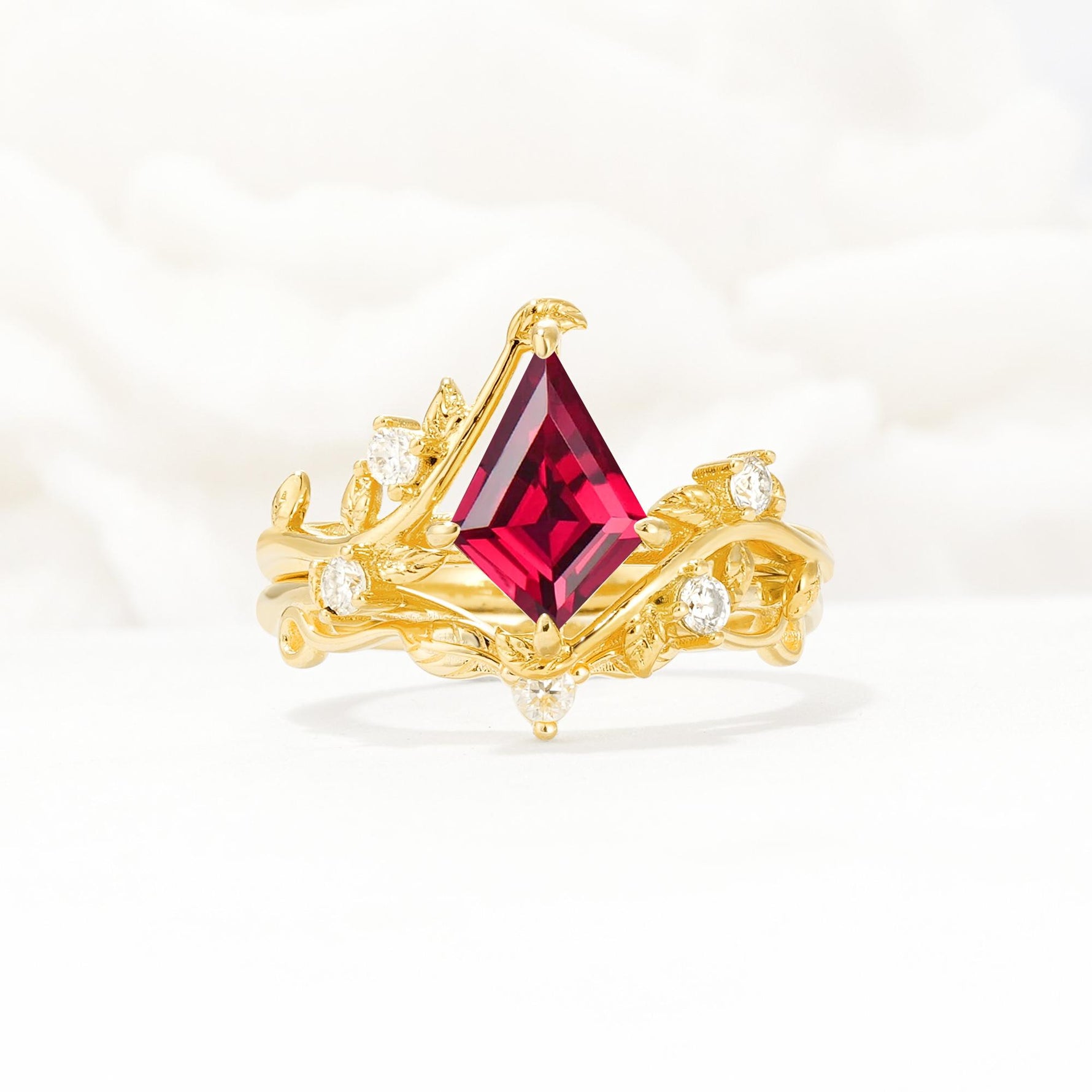 Botanical Kite Cut Ruby Engagement Ring Set with Vine Accents - Yellow-Gold
