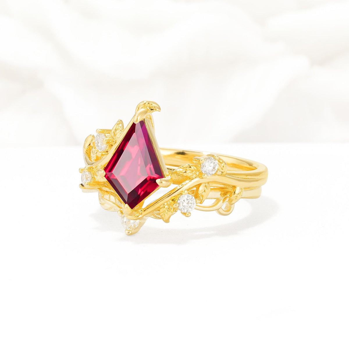 Botanical Kite Cut Ruby Engagement Ring Set with Vine Accents - Rose-Gold