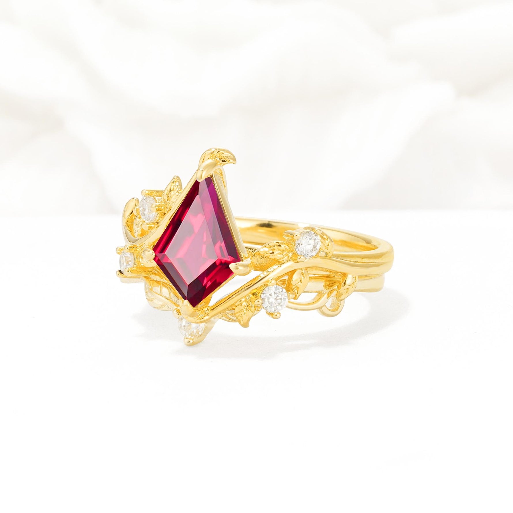 Botanical Kite Cut Ruby Engagement Ring Set with Vine Accents - Rose-Gold
