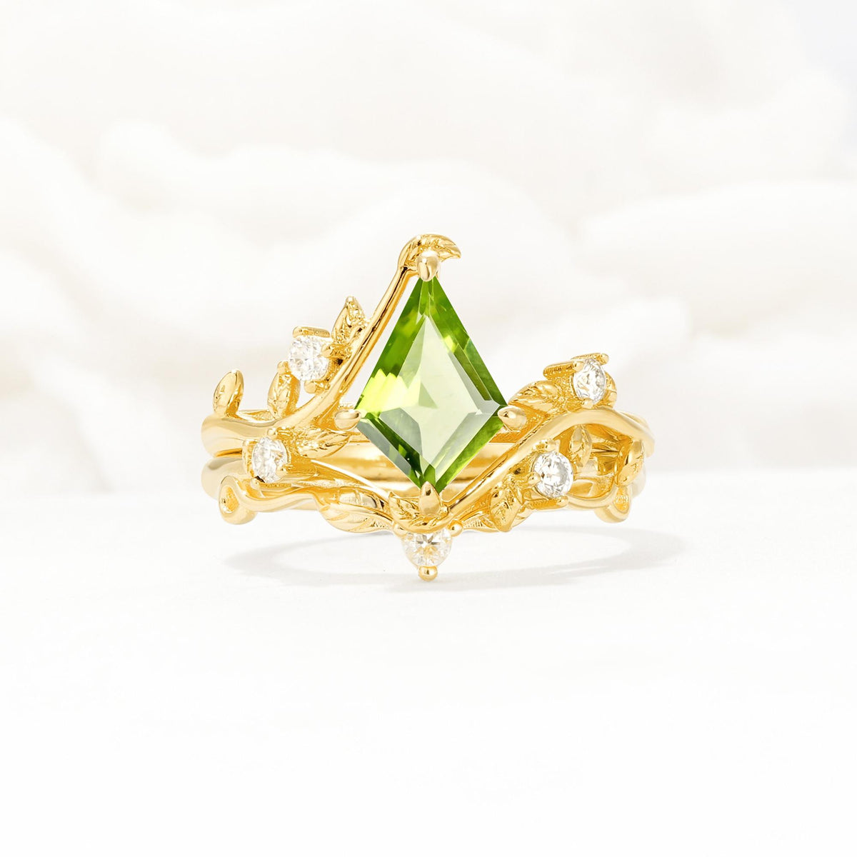 Botanical Kite Cut Peridot Engagement Ring Set with Vine Accents - Yellow-Gold