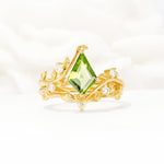 Botanical Kite Cut Peridot Engagement Ring Set with Vine Accents - Yellow-Gold