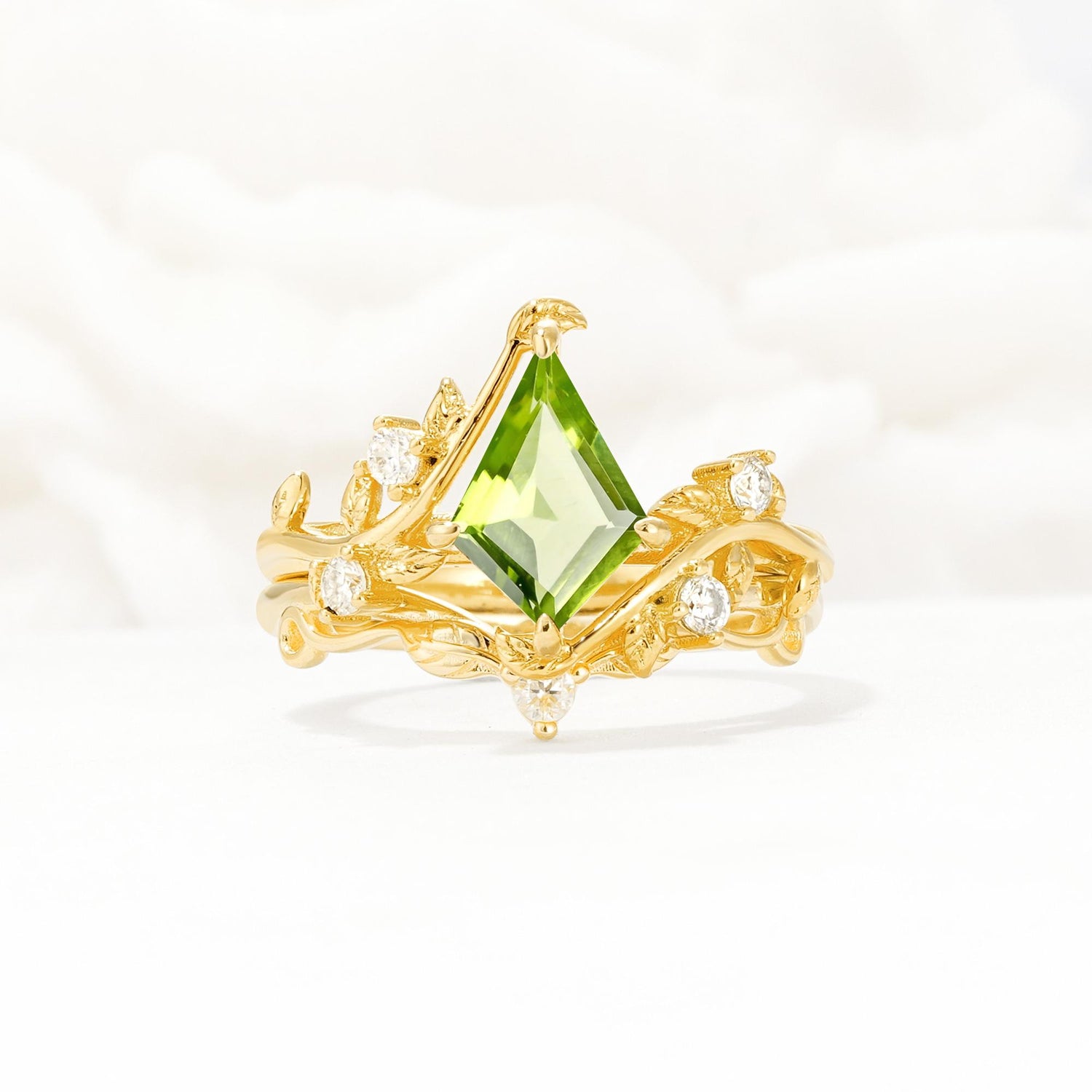 Botanical Kite Cut Peridot Engagement Ring Set with Vine Accents - Yellow-Gold