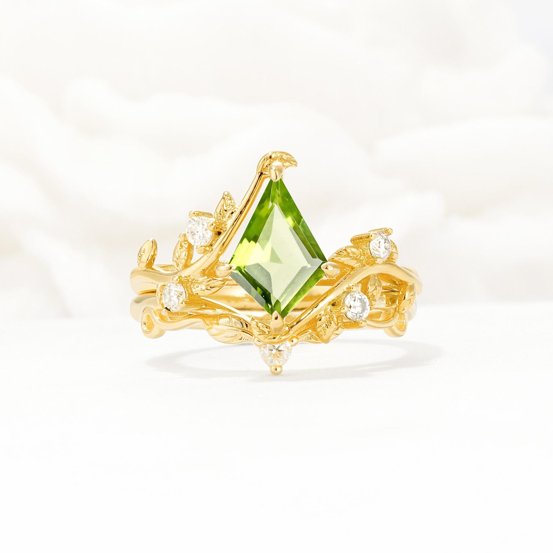 Botanical Kite Cut Peridot Engagement Ring Set with Vine Accents - Yellow-Gold