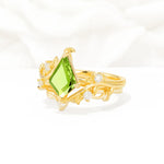Botanical Kite Cut Peridot Engagement Ring Set with Vine Accents - Rose-Gold