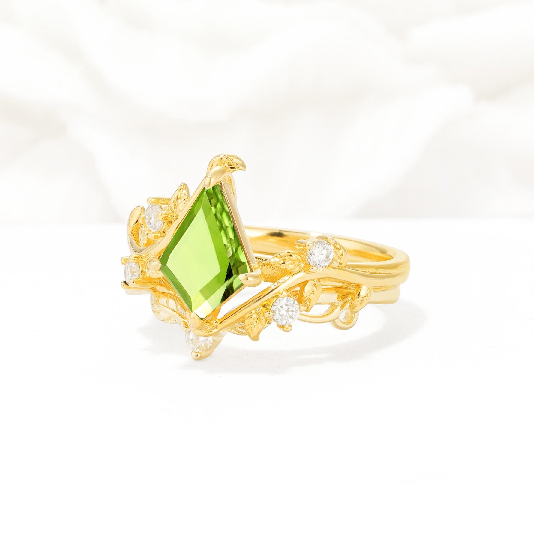 Botanical Kite Cut Peridot Engagement Ring Set with Vine Accents - Rose-Gold