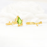 Botanical Kite Cut Peridot Engagement Ring Set with Vine Accents - White-Gold