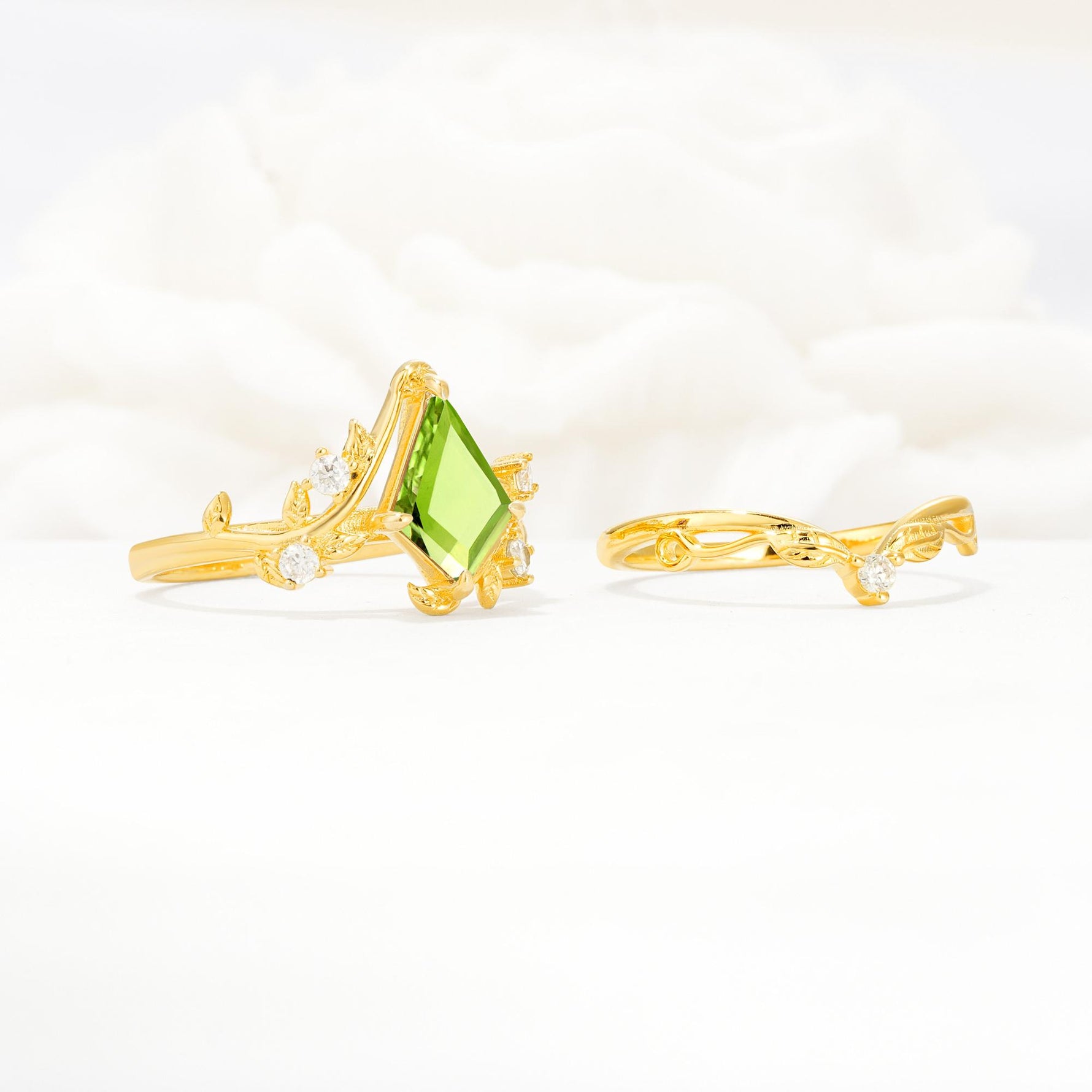 Botanical Kite Cut Peridot Engagement Ring Set with Vine Accents - White-Gold