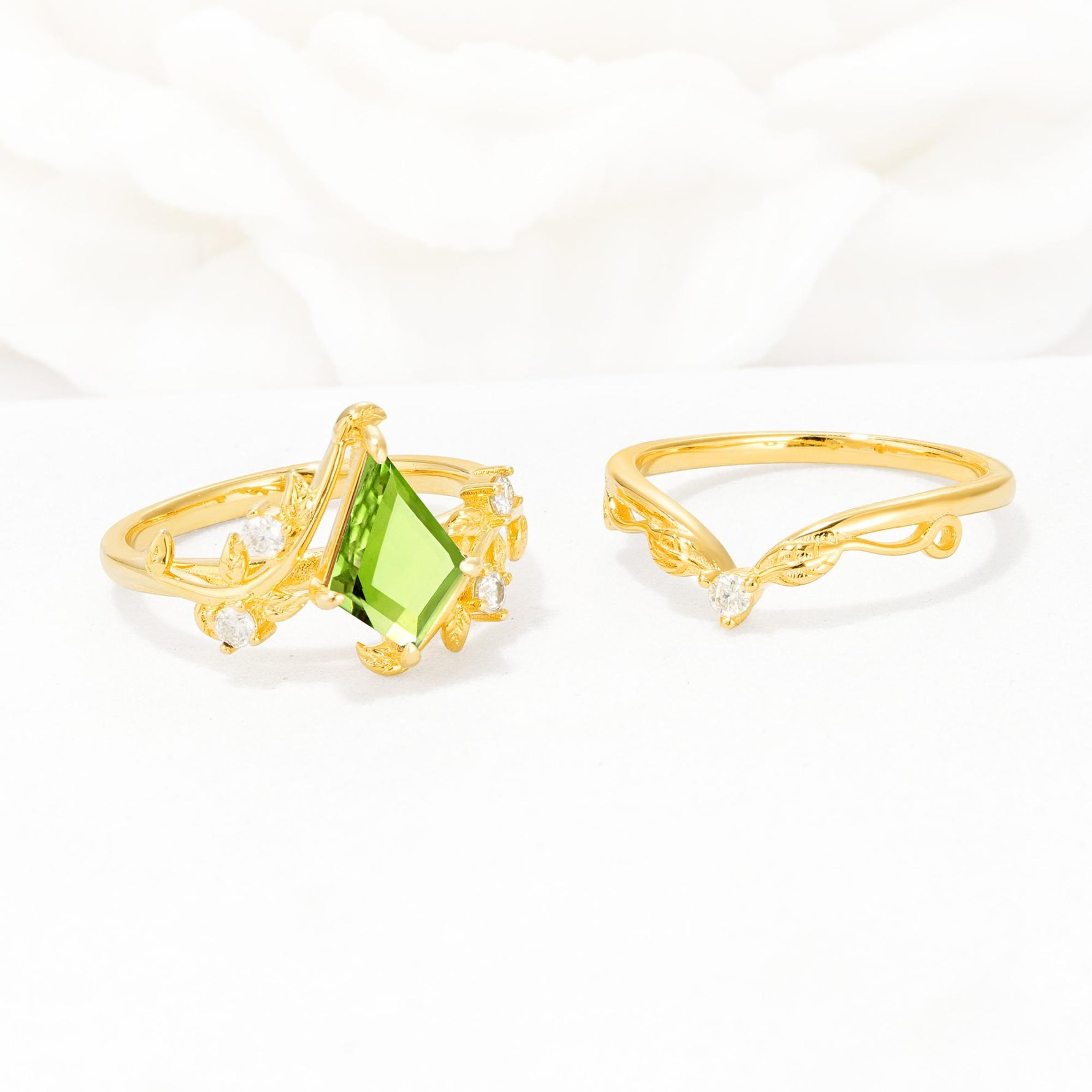 Botanical Kite Cut Peridot Engagement Ring Set with Vine Accents - Additional view