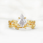 Nature-Inspired Kite Cut Moissanite Engagement Ring Set with Vine Accents - Yellow-Gold