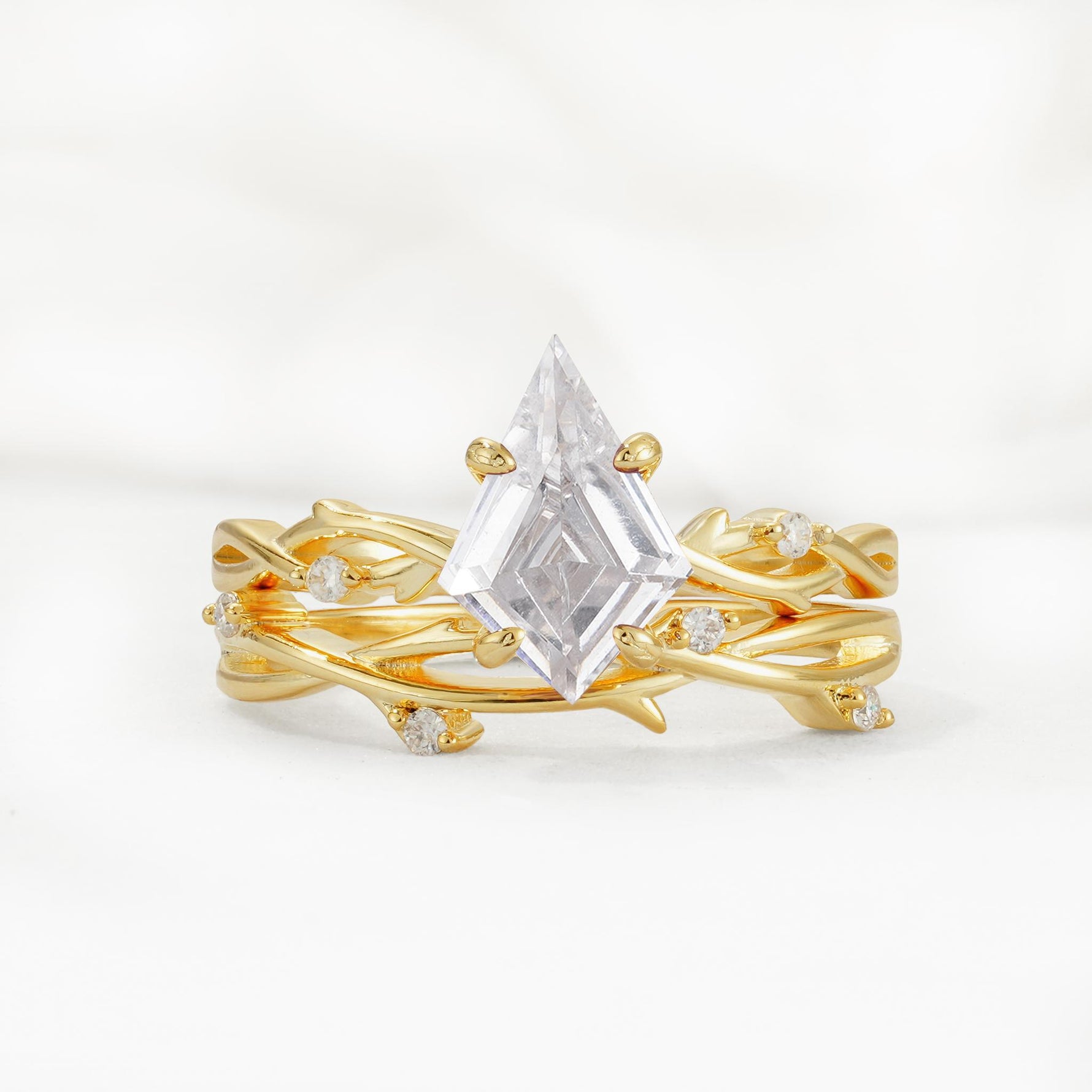 Nature-Inspired Kite Cut Moissanite Engagement Ring Set with Vine Accents - Yellow-Gold
