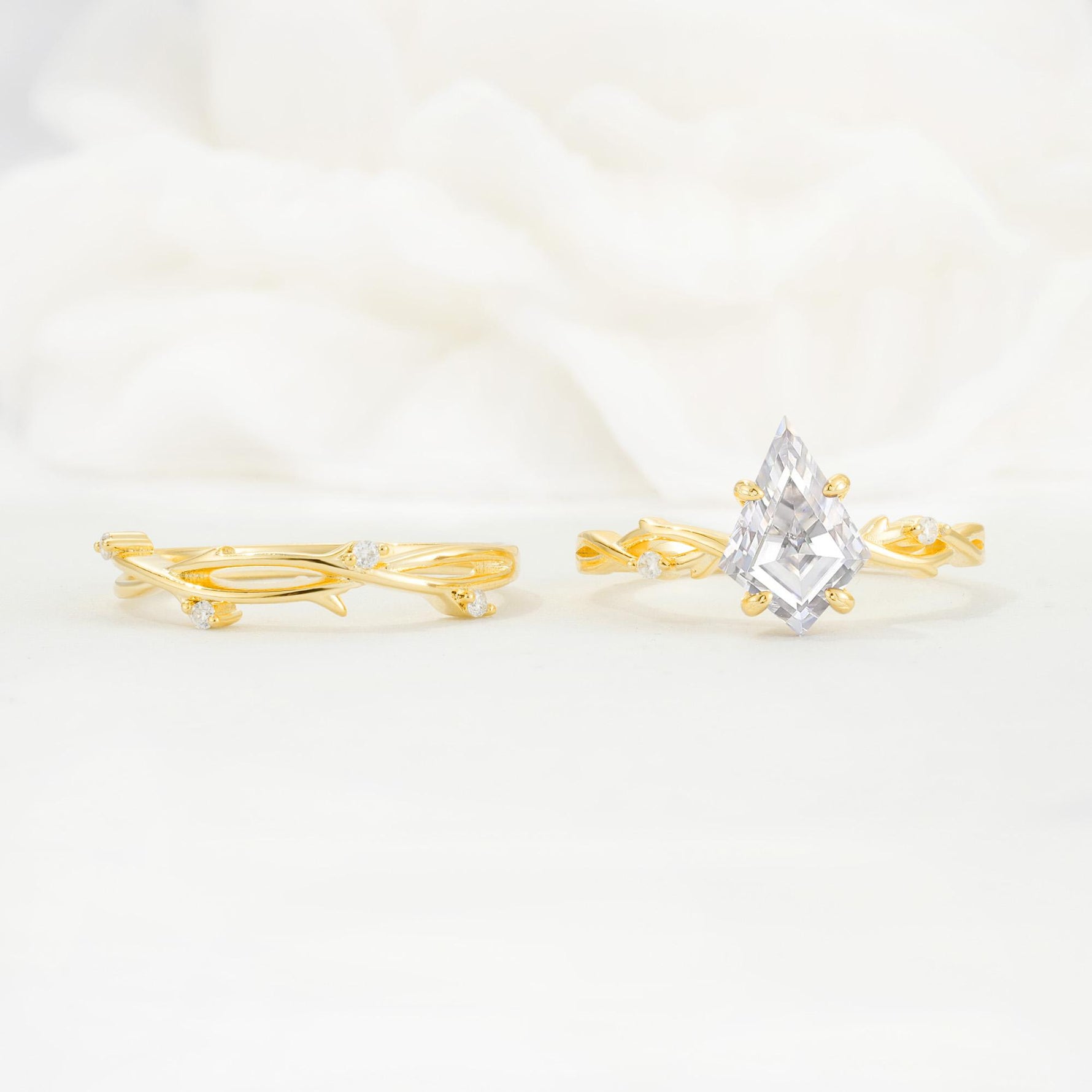 Nature-Inspired Kite Cut Moissanite Engagement Ring Set with Vine Accents - Additional view