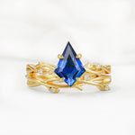 Nature-Inspired Kite Cut Sapphire Engagement Ring Set with Vine Accents - Yellow-Gold
