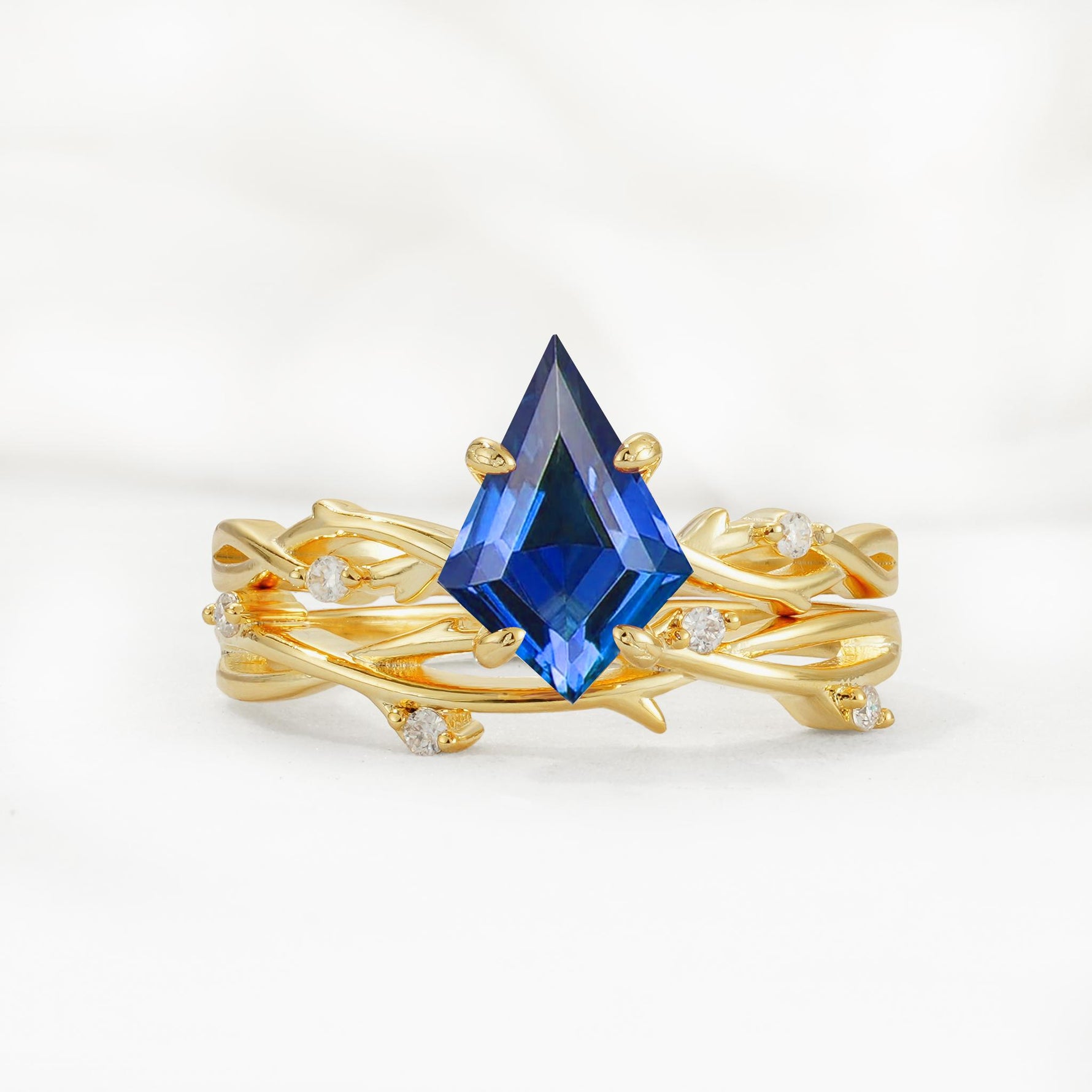 Nature-Inspired Kite Cut Sapphire Engagement Ring Set with Vine Accents - Yellow-Gold