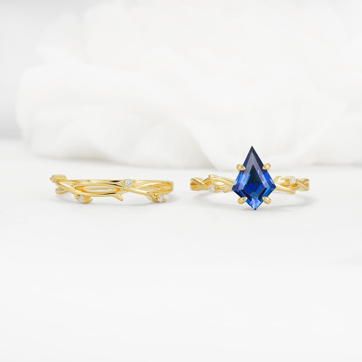 Nature-Inspired Kite Cut Sapphire Engagement Ring Set with Vine Accents - White-Gold