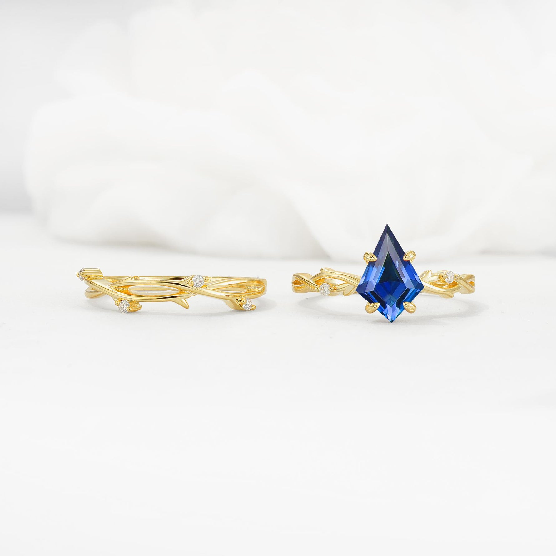Nature-Inspired Kite Cut Sapphire Engagement Ring Set with Vine Accents - White-Gold