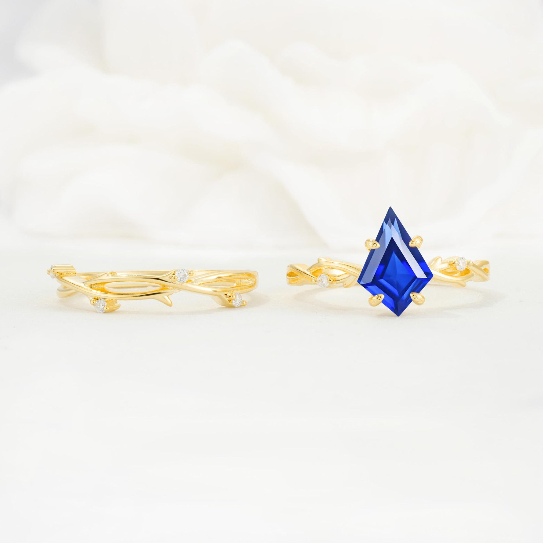 Nature-Inspired Kite Cut Sapphire Engagement Ring Set with Vine Accents - Additional view