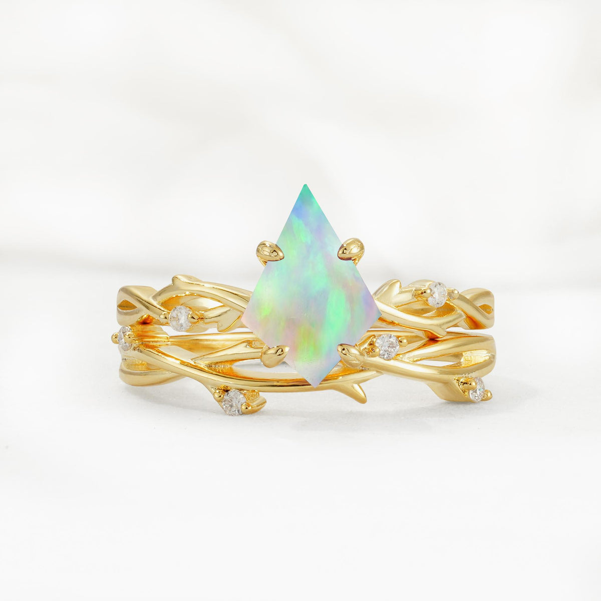Nature-Inspired Kite Cut Fire Opal Engagement Ring Set with Vine Accents - Yellow-Gold