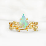 Nature-Inspired Kite Cut Fire Opal Engagement Ring Set with Vine Accents - Yellow-Gold