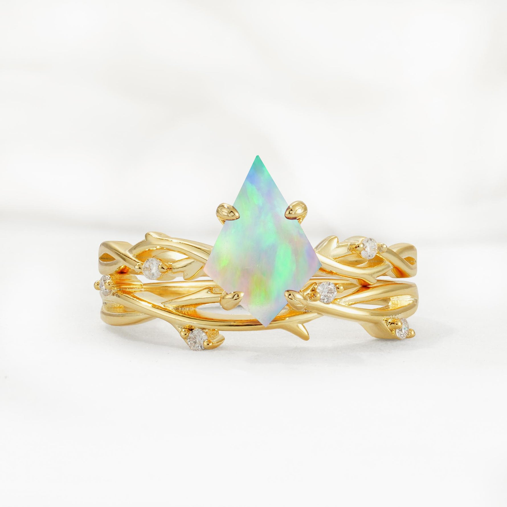 Nature-Inspired Kite Cut Fire Opal Engagement Ring Set with Vine Accents - Yellow-Gold