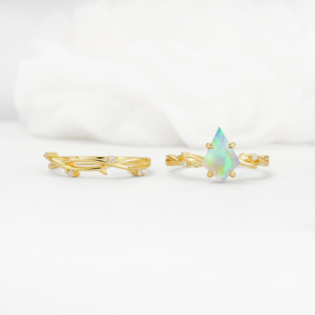 Nature-Inspired Kite Cut Fire Opal Engagement Ring Set with Vine Accents - White-Gold