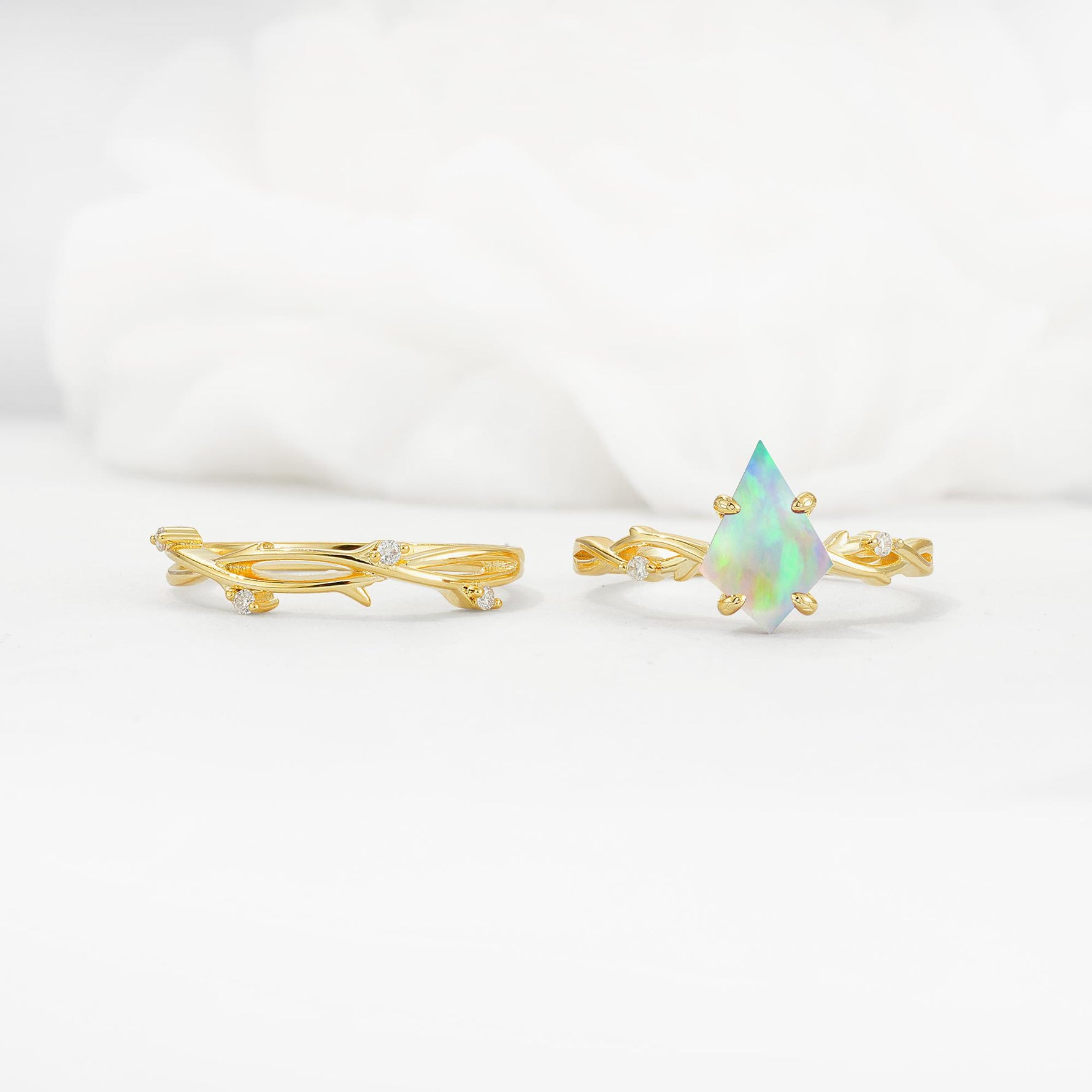 Nature-Inspired Kite Cut Fire Opal Engagement Ring Set with Vine Accents - White-Gold