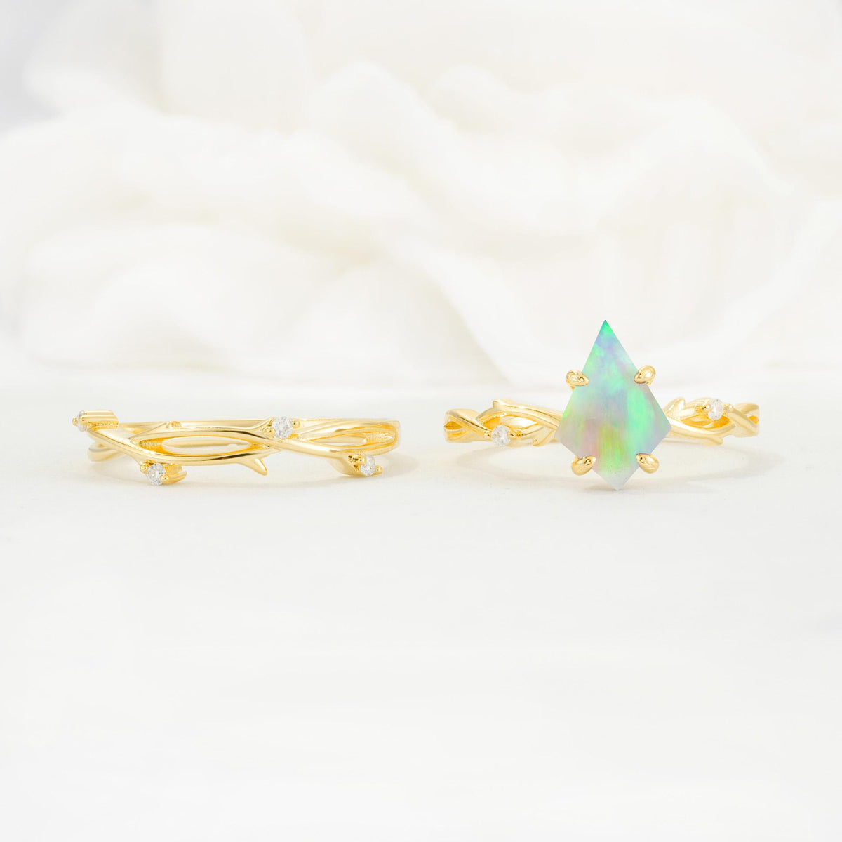 Nature-Inspired Kite Cut Fire Opal Engagement Ring Set with Vine Accents - Additional view
