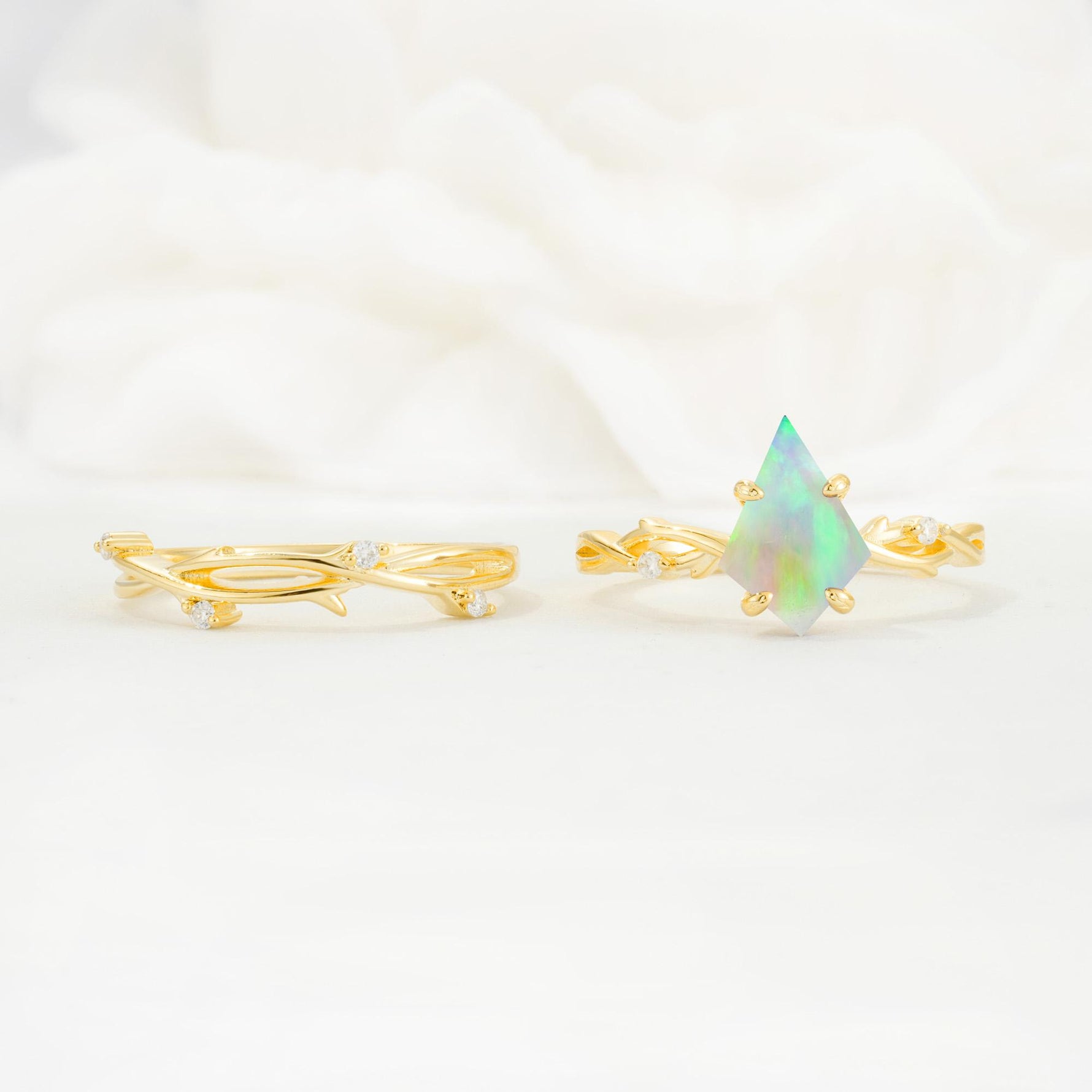 Nature-Inspired Kite Cut Fire Opal Engagement Ring Set with Vine Accents - Additional view