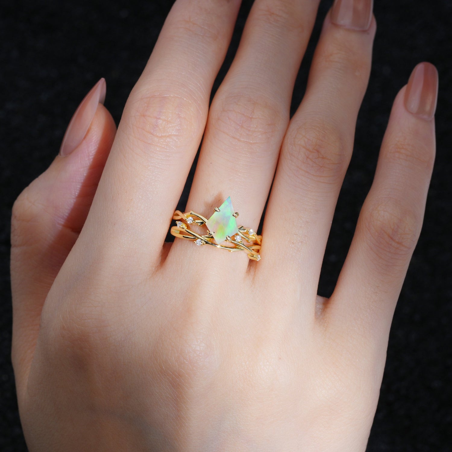 Nature-Inspired Kite Cut Fire Opal Engagement Ring Set with Vine Accents