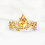 Nature-Inspired Kite Cut Citrine Engagement Ring Set with Vine Accents - Yellow-Gold