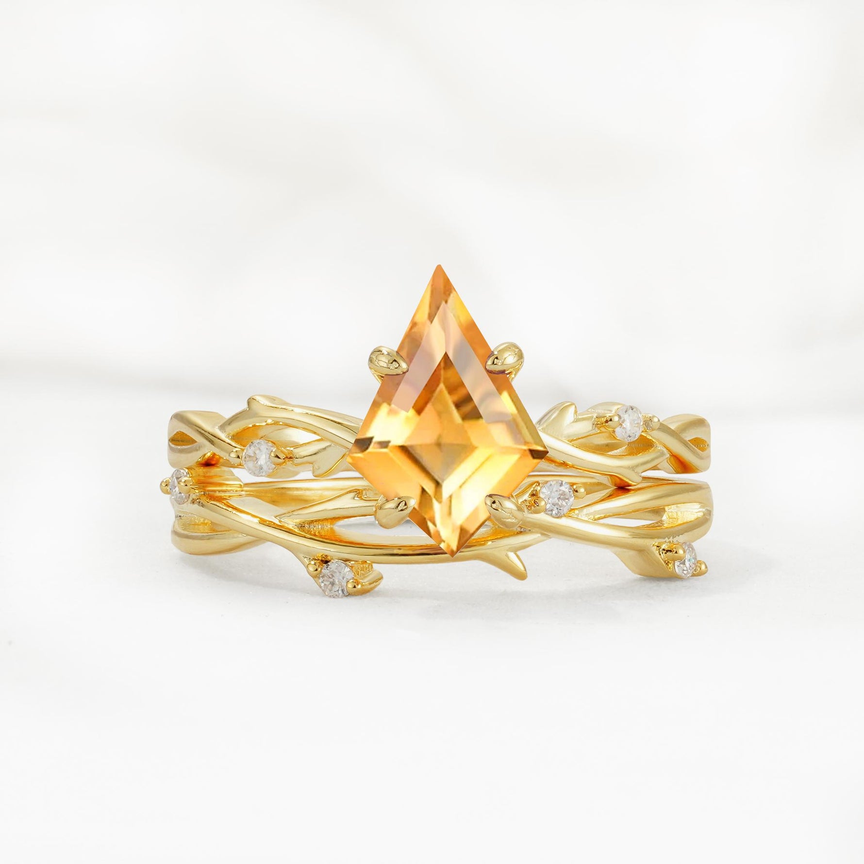 Nature-Inspired Kite Cut Citrine Engagement Ring Set with Vine Accents - Yellow-Gold