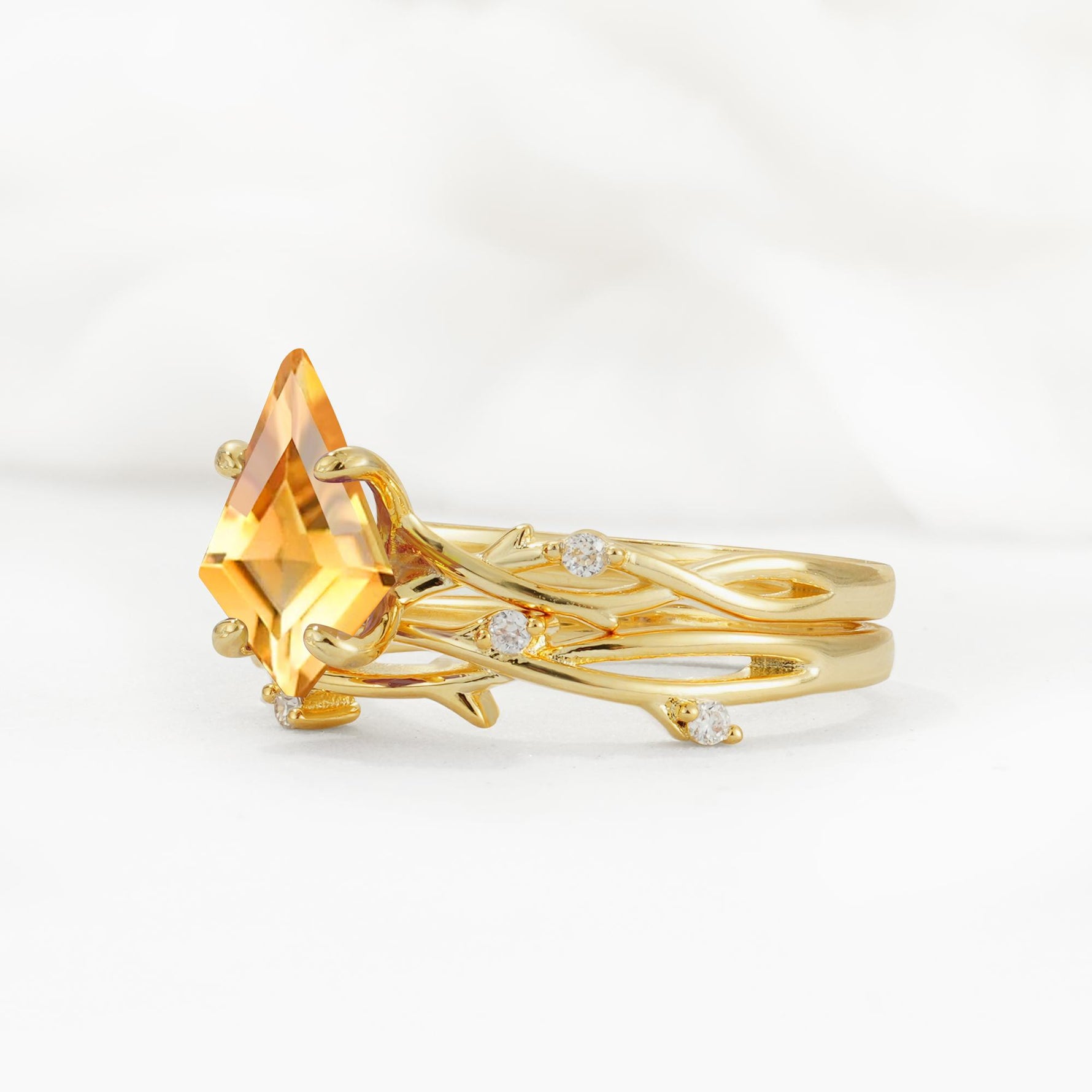 Nature-Inspired Kite Cut Citrine Engagement Ring Set with Vine Accents - Rose-Gold