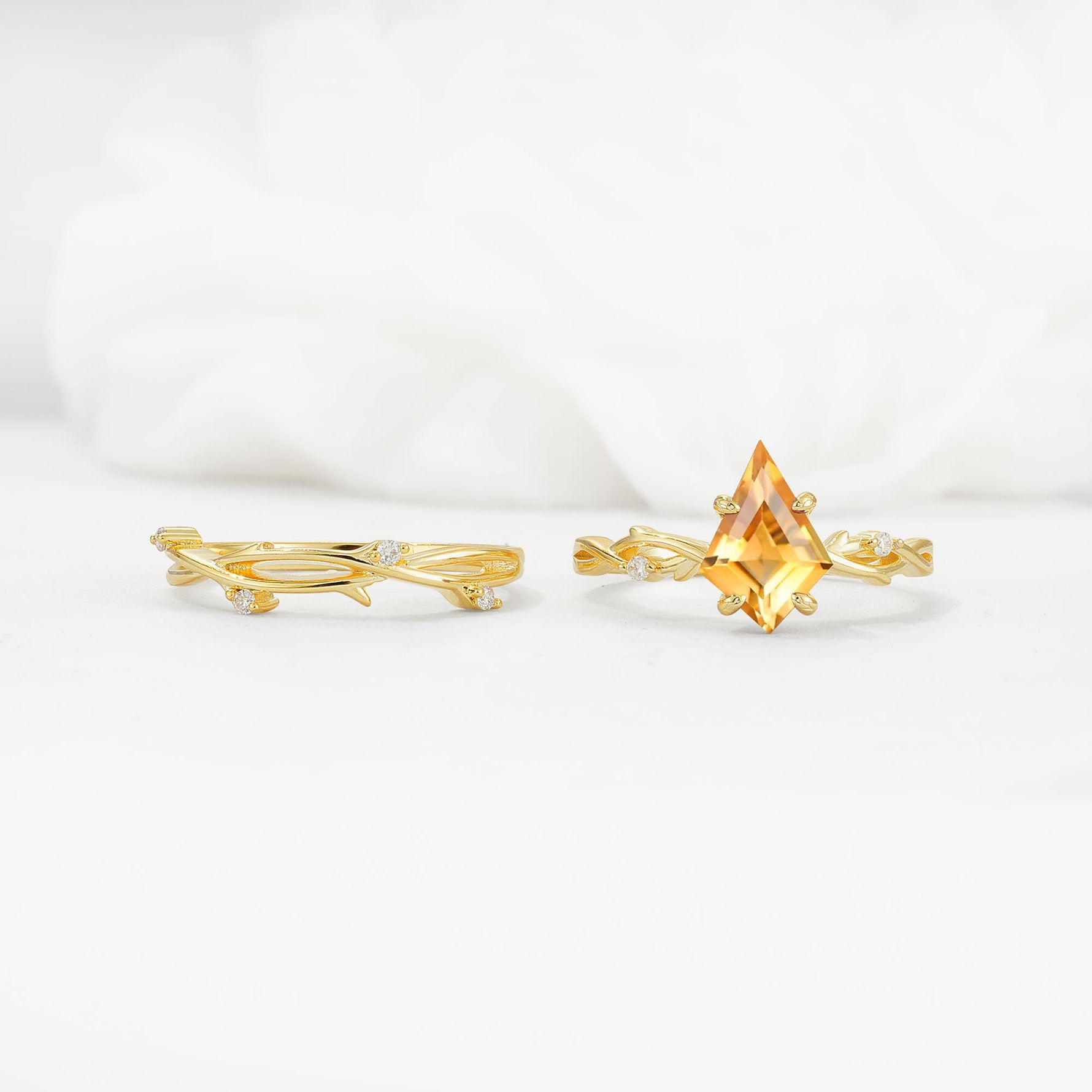 Nature-Inspired Kite Cut Citrine Engagement Ring Set with Vine Accents - White-Gold