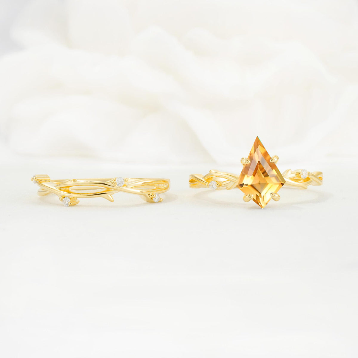 Nature-Inspired Kite Cut Citrine Engagement Ring Set with Vine Accents - Additional view