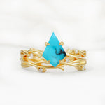 Nature-Inspired Kite Cut Turquoise Engagement Ring Set with Vine Accents - Yellow-Gold