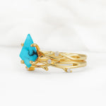 Nature-Inspired Kite Cut Turquoise Engagement Ring Set with Vine Accents - Rose-Gold