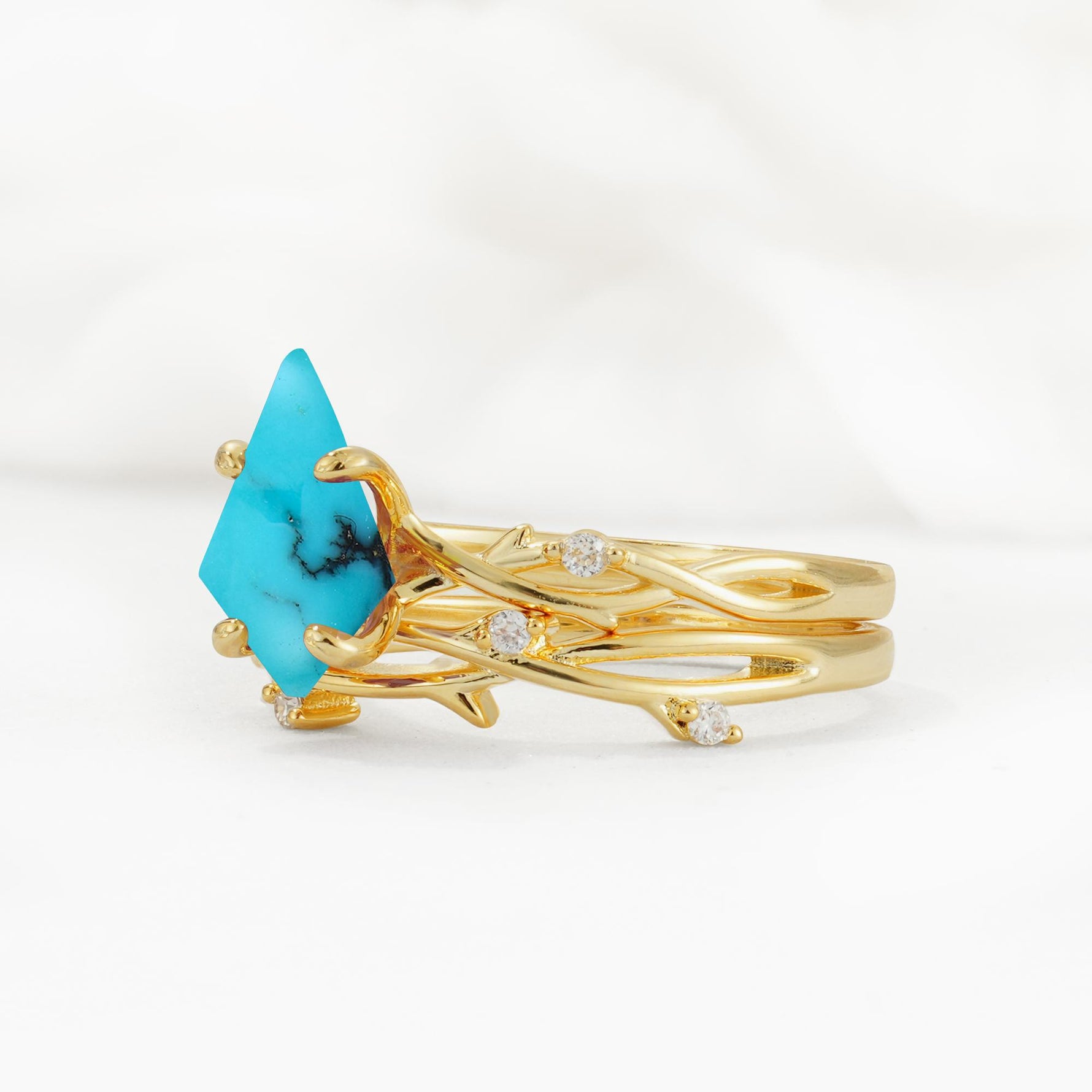 Nature-Inspired Kite Cut Turquoise Engagement Ring Set with Vine Accents - Rose-Gold