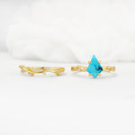Nature-Inspired Kite Cut Turquoise Engagement Ring Set with Vine Accents - White-Gold