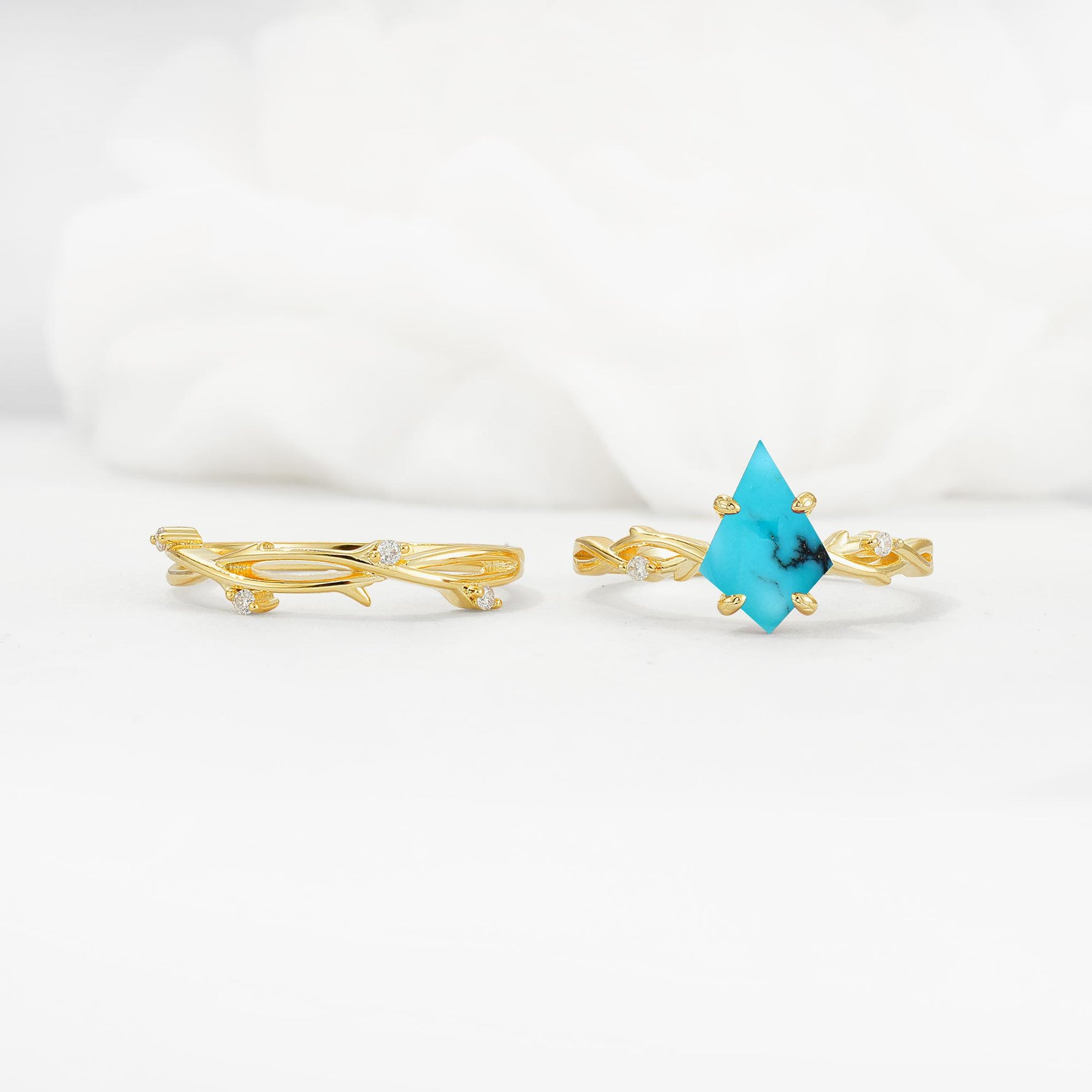 Nature-Inspired Kite Cut Turquoise Engagement Ring Set with Vine Accents - White-Gold