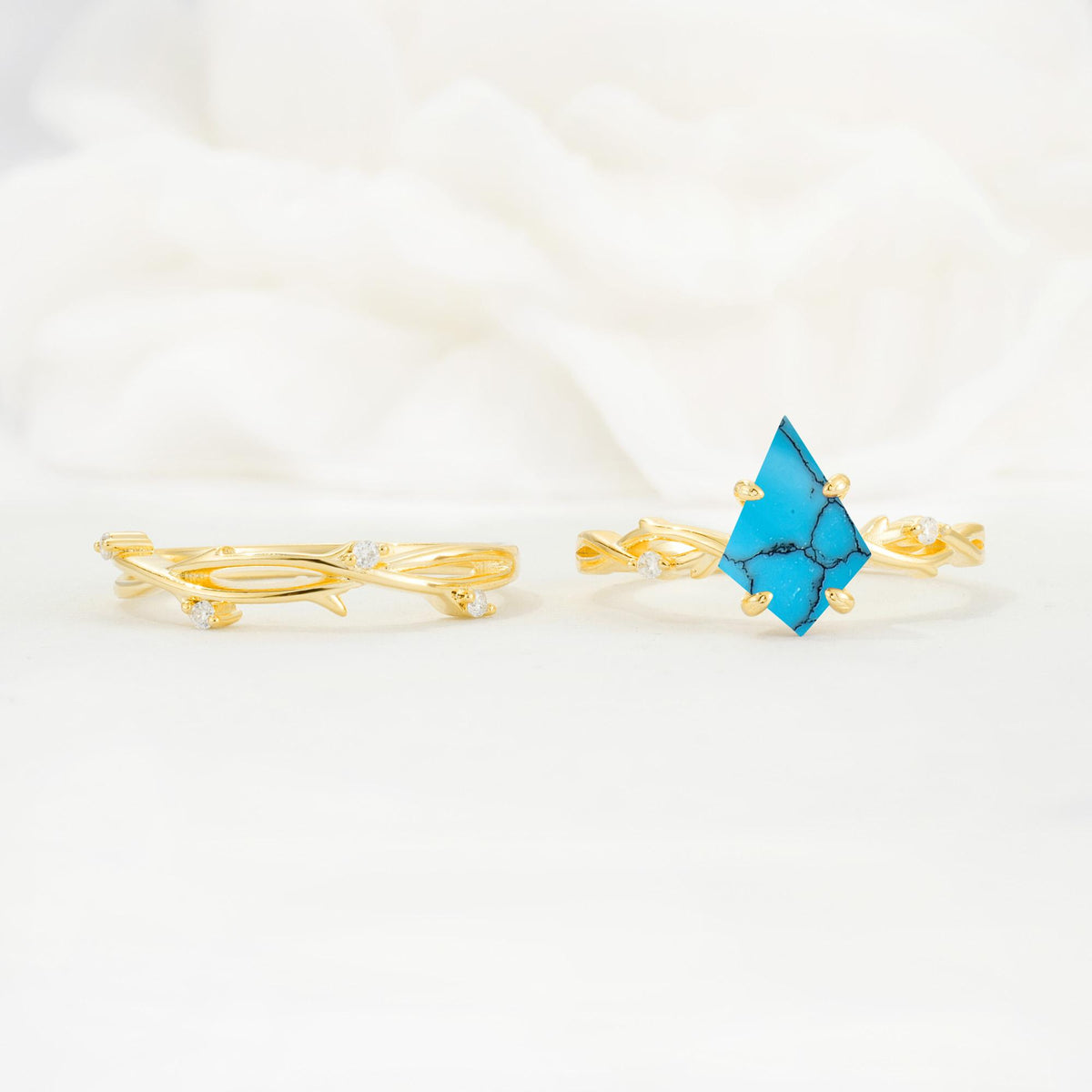 Nature-Inspired Kite Cut Turquoise Engagement Ring Set with Vine Accents - Additional view