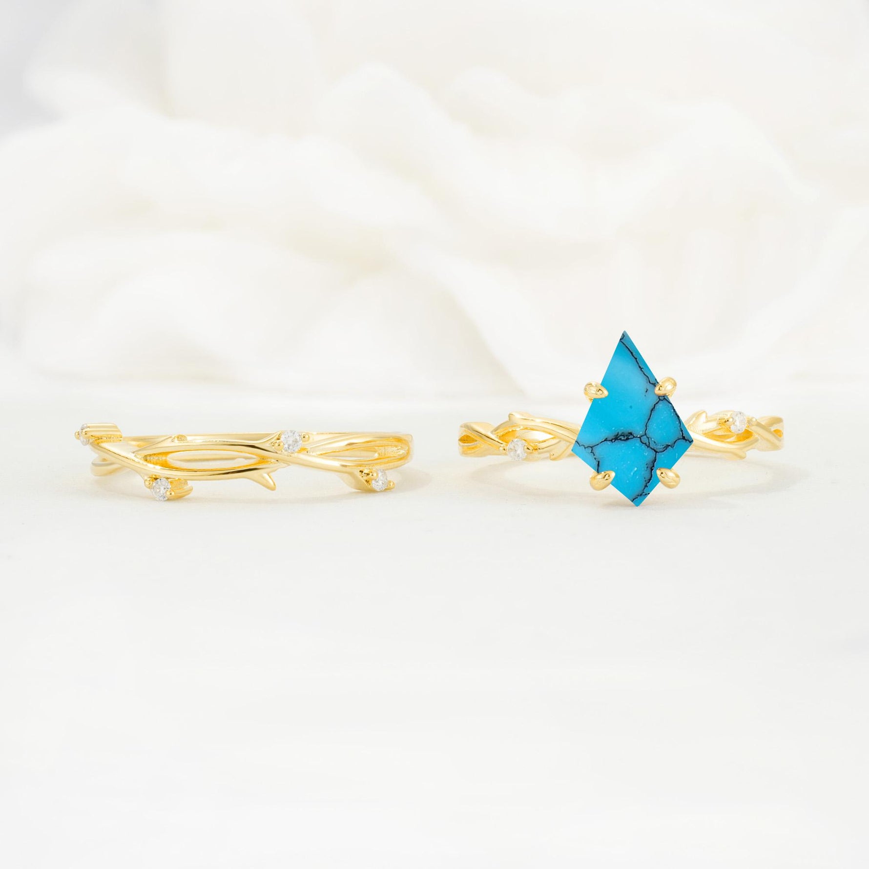 Nature-Inspired Kite Cut Turquoise Engagement Ring Set with Vine Accents - Additional view