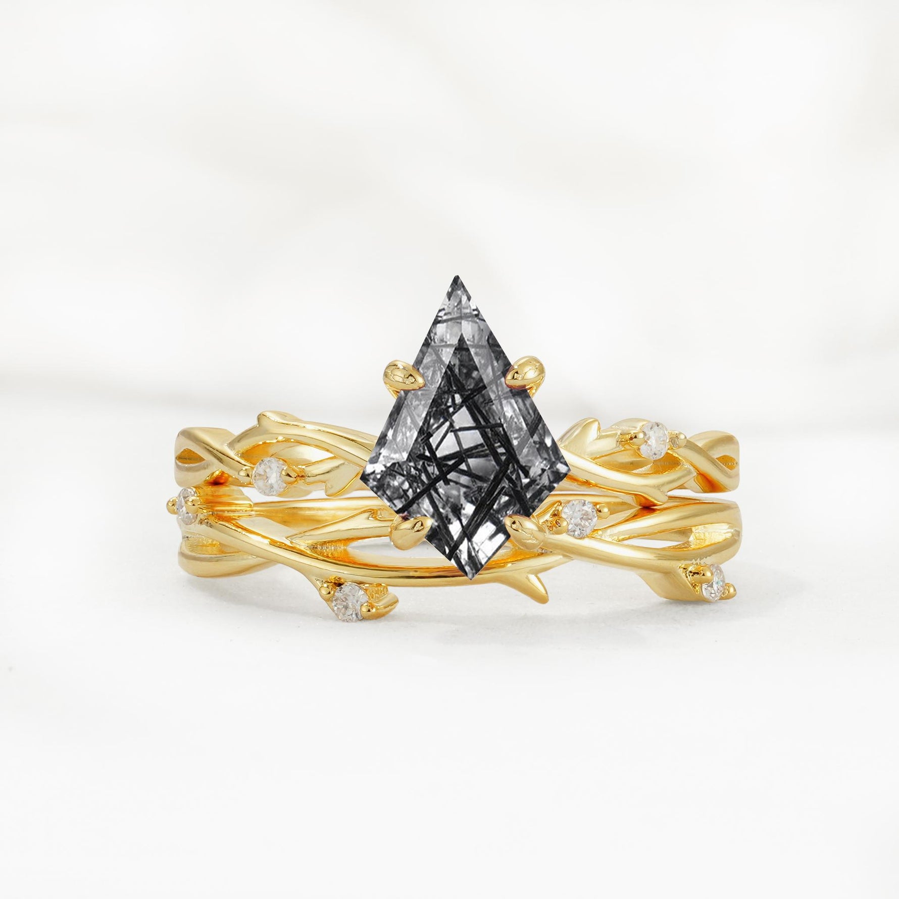 Nature-Inspired Kite Cut Black Rutilated Quartz Engagement Ring Set with Vine Accents - Yellow-Gold