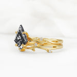 Nature-Inspired Kite Cut Black Rutilated Quartz Engagement Ring Set with Vine Accents - Rose-Gold